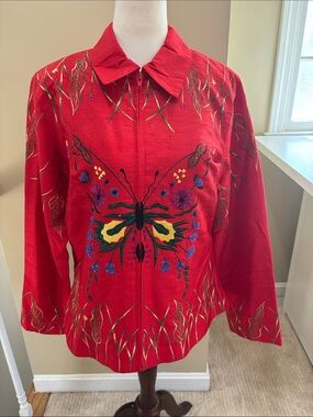 NWT Blutique Red Silk Butterfly Zip-Front Women’s Jacket Size M